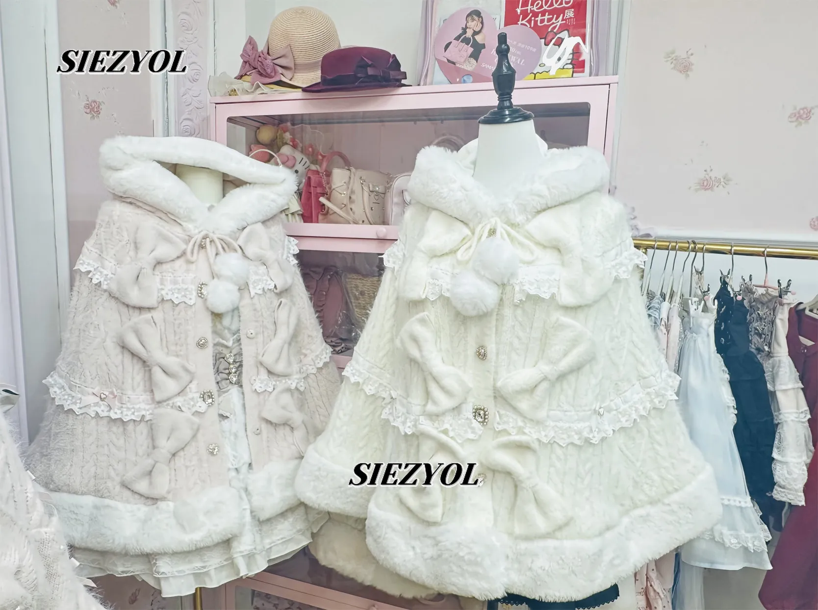 Japanese Sweet Soft Thick Women's Double-Layer Big Ribbon Hooded Knitted Cloak 3 Colors Autumn and Winter Ponchos Warm Jacket