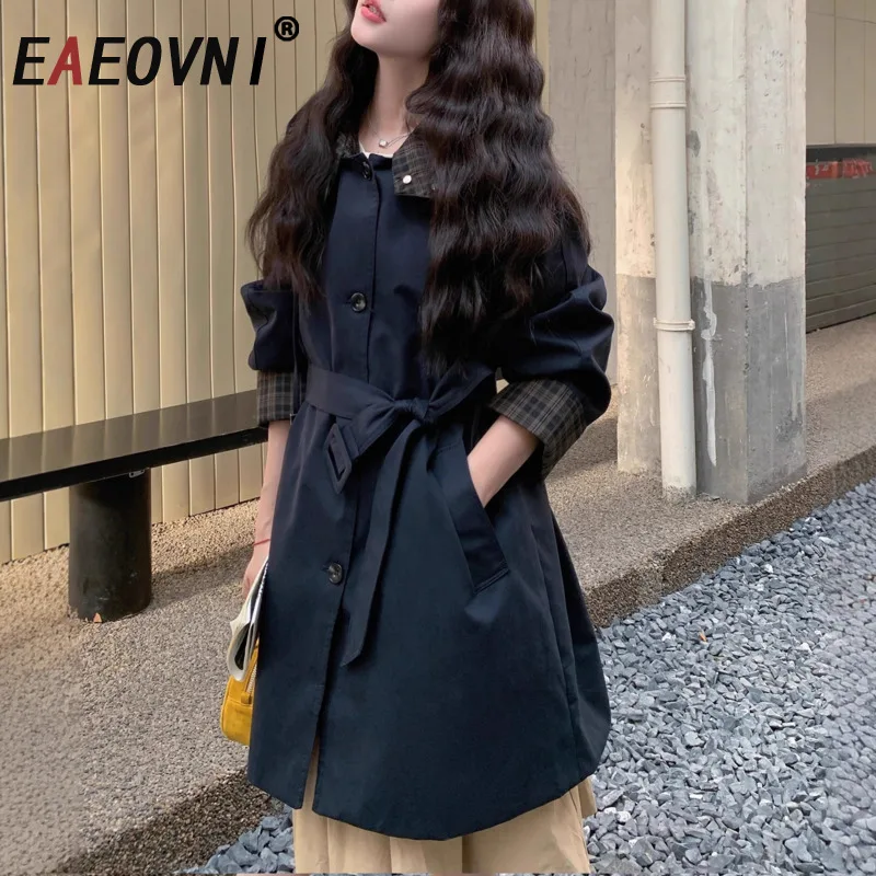 

EAEOVNI модный плащ с капюшоном женский клетчатый лоскутный пояс на пуговицах с присборенной талией куртка средней длины уличная осенняя новинка