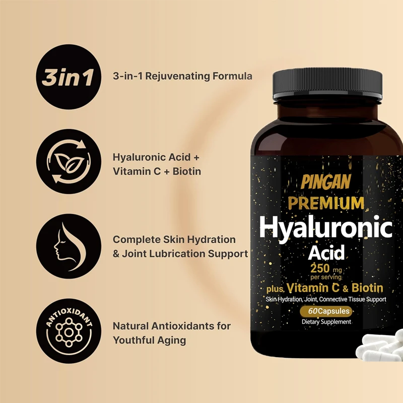 

60 Capsules of Hyaluronic Acid Supplement, Biotin and Vitamin C for Skin Moisturizing, Joint Lubrication, Hair and Eye Health