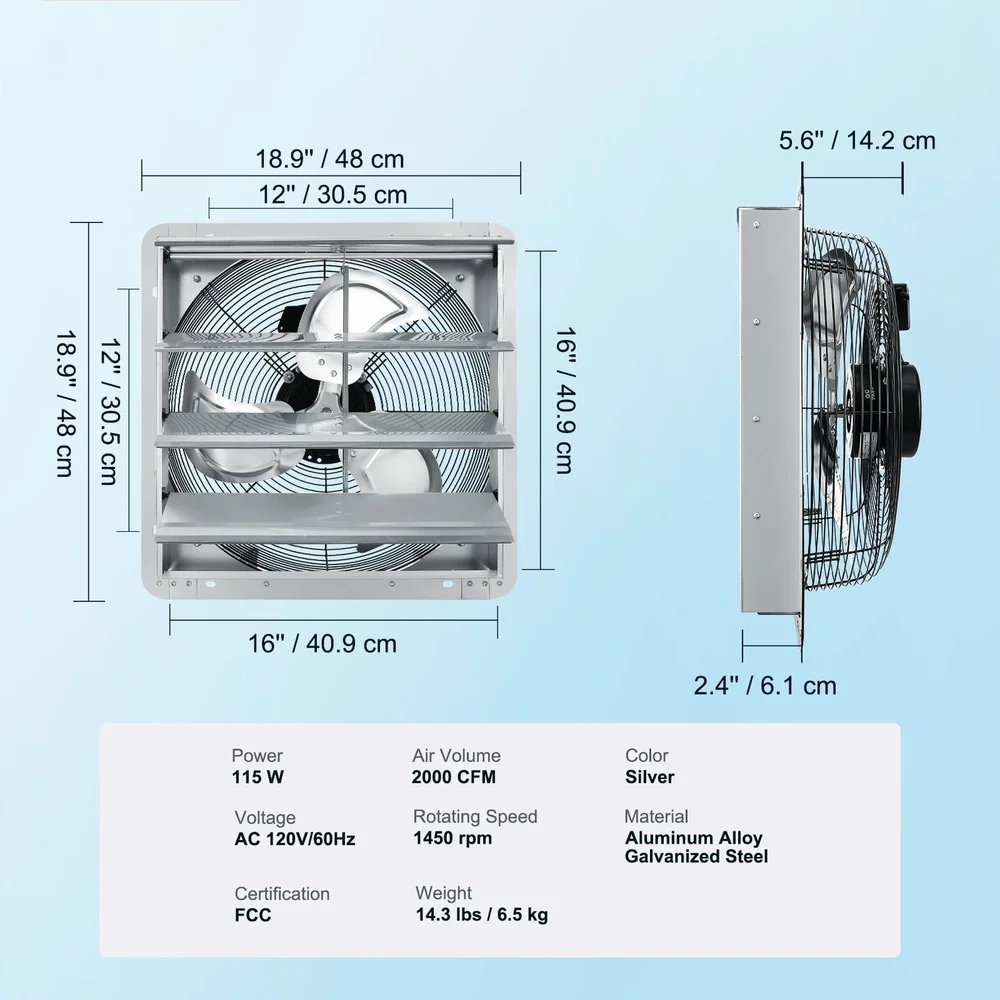 16 inch sluiter afzuigventilator 2000 CFM wandgemonteerde wisselstroommotor zolderkassen garages efficiënte luchtcirculatie stof water