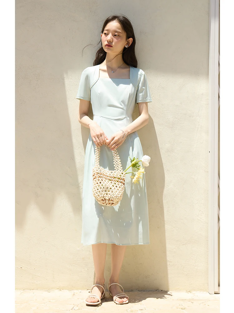 ZIQIAO French Style Square Collar Elegant Female Long Dress 2024 Summer New Solid Cleanfit Versatile Casual Dress 24ZQ92293