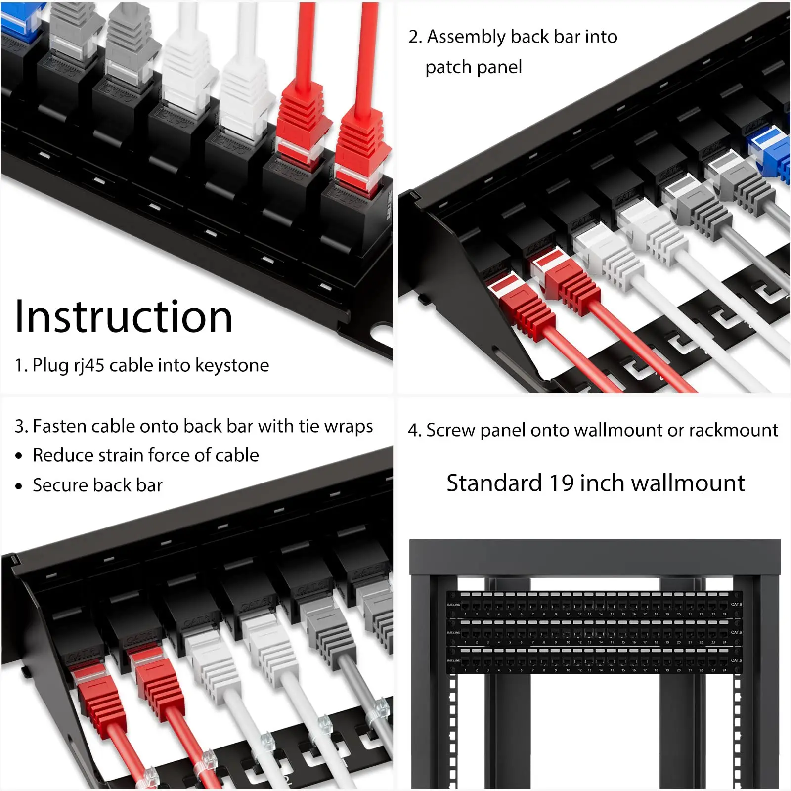 Woeow-インラインスターネットメントパッチパネル、rj45パッチパネル、cat6フィードスルー、カプラーネットワーク、19インチ、24ポート