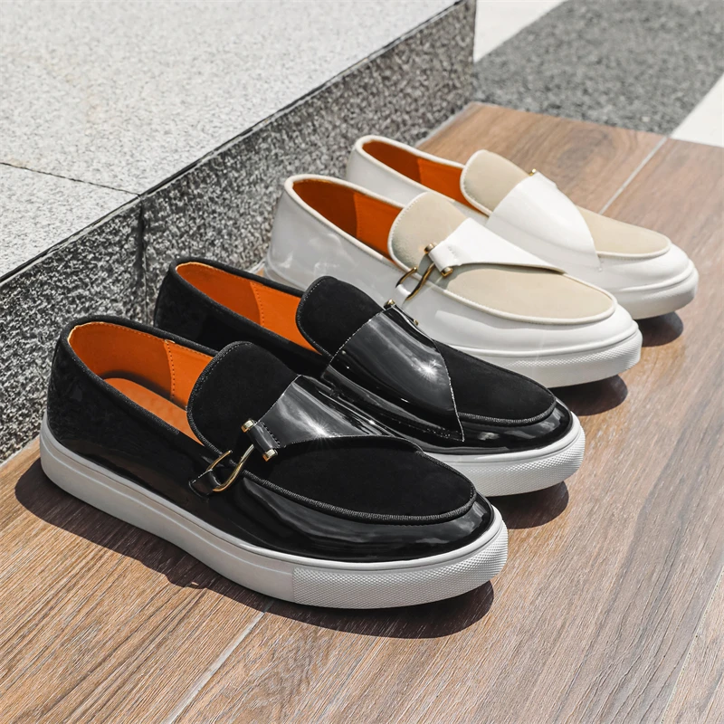 

Men Fashion Vulcanized Shoes Black and White Double Hook Board Shoes British Gentleman Shoes European Station Casual Leather Sho