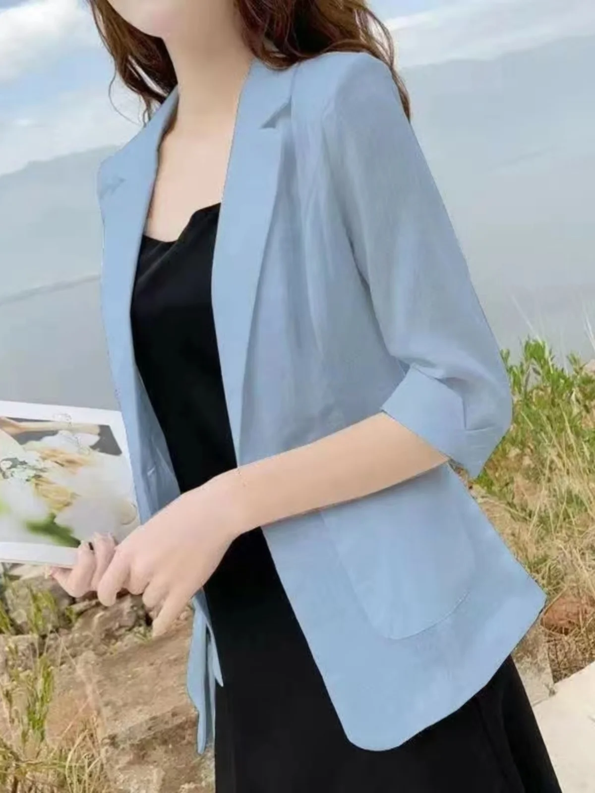 Summer New Style Women's Slim Fit Linen Suit Jacket Drapey Lightweight Short Length Seven Sleeve Thin Western Style Coat