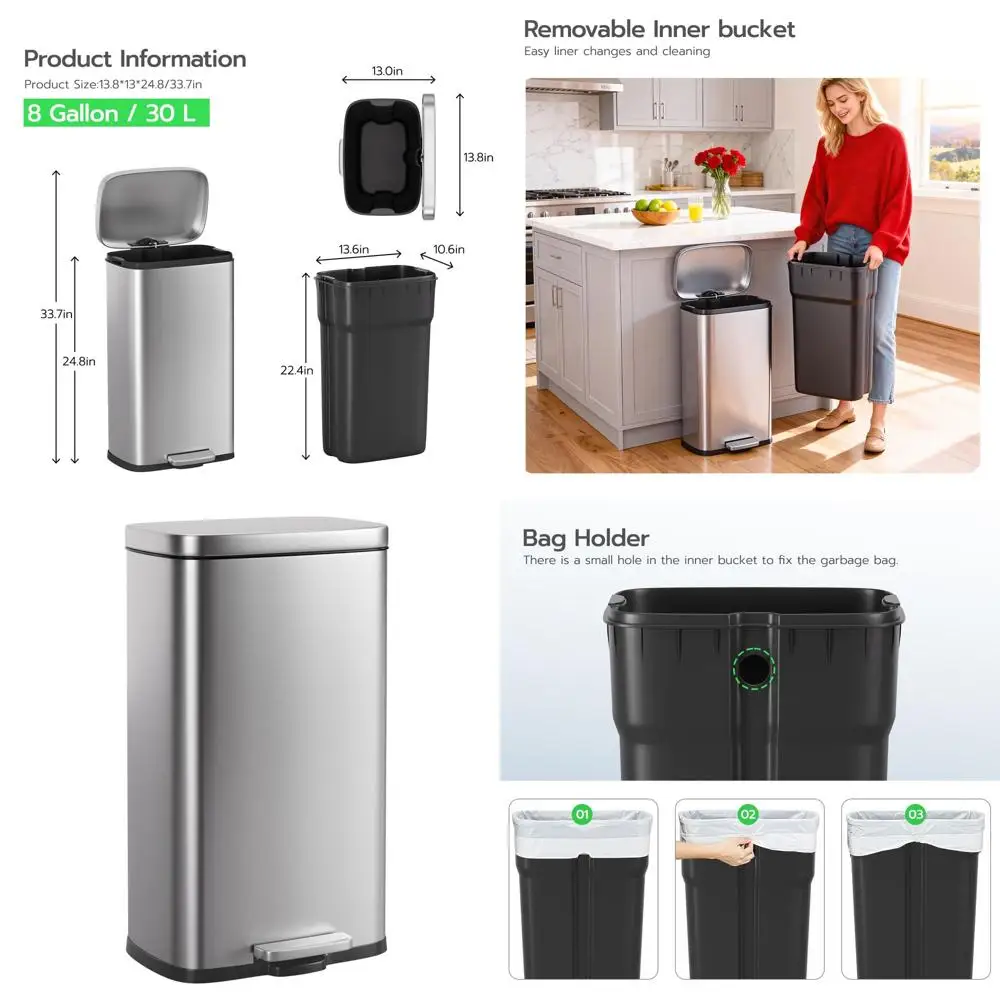 

8 Gallon Stainless Steel Trash Bin with Removable Bucket, Foot Pedal, Soft Close for Home and Kitchen