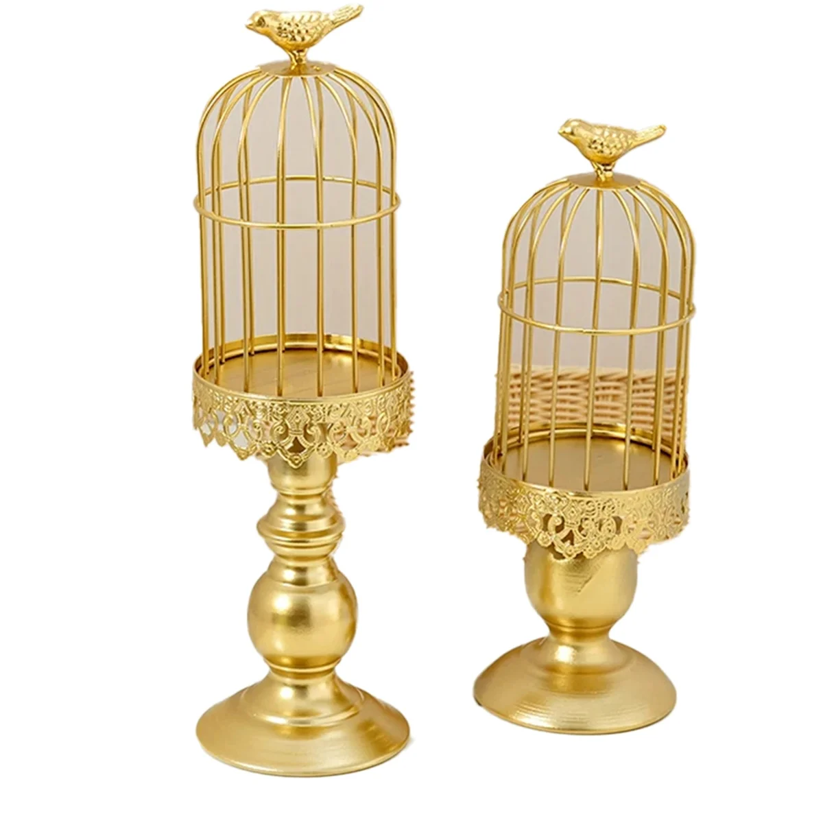 2PCS Retro Bird Cage Candle Holder Metal Iron Art Candlestick Wedding Party Home Tables Centerpieces Decoration Gold