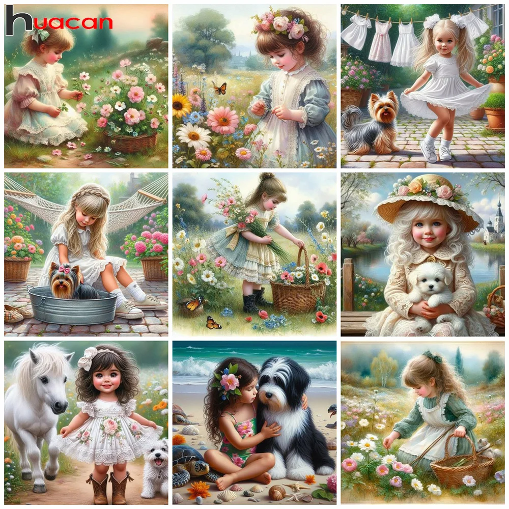 Huacan New Arrivals Diamond Mosaic Portrait Girl Full Drill Painting Flower Diy Embroidery Animal Art Gift Set Home Decoration