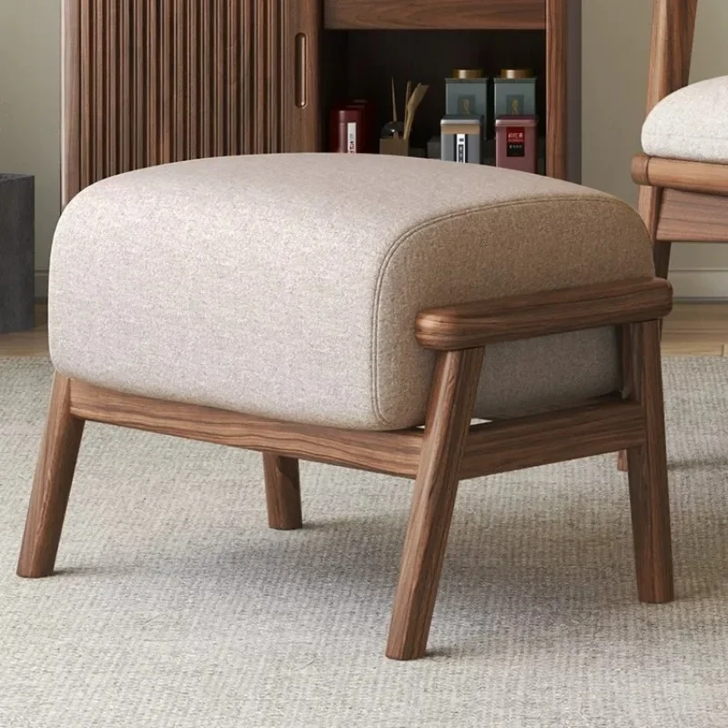 Mid Century Wood Ottoman Footstool Linen Fabric Upholstered Rectangle Accent Stool Living Room Bedroom Sofa Side Furniture