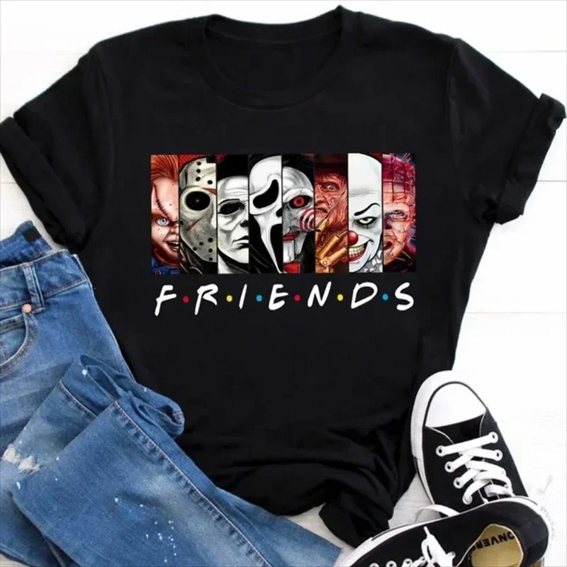 Women's Casual Cartoon Printed Cotton T-shirt with King Horror Characters for Friends Fashion Tops and Clothing for Halloween