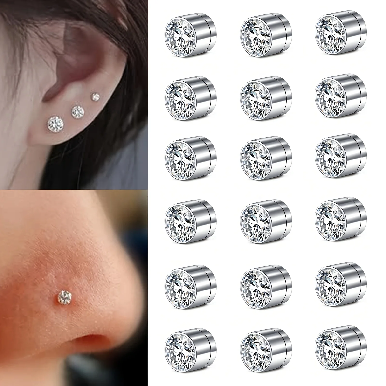4/9 Pairs/Set Stainless Steel Ear Clips And Fake Nose Studs, No Need for Piercing, Directly Wear Fashionable Clip-On Earrings