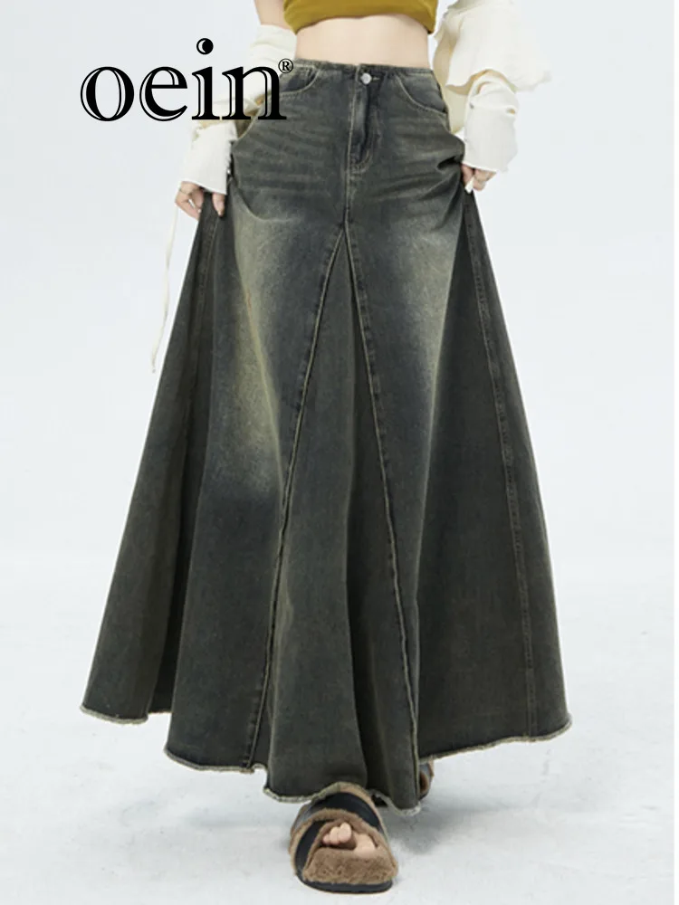 

[oein] Spring New Mix And Match # Medium To Long Denim Skirt Vintage Washed Hundred Fold Hairy Edge Group