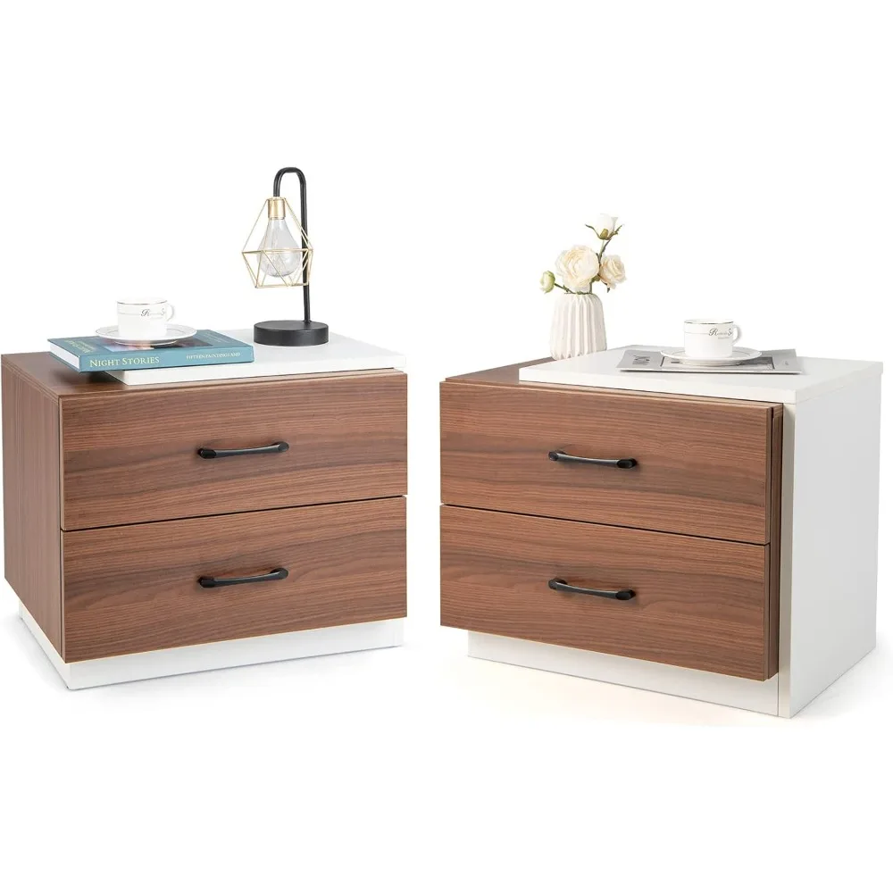 

pair of modern rustic nightstands with dual drawers, walnut-tone woodgrain bedside tables featuring white l-shaped unique design