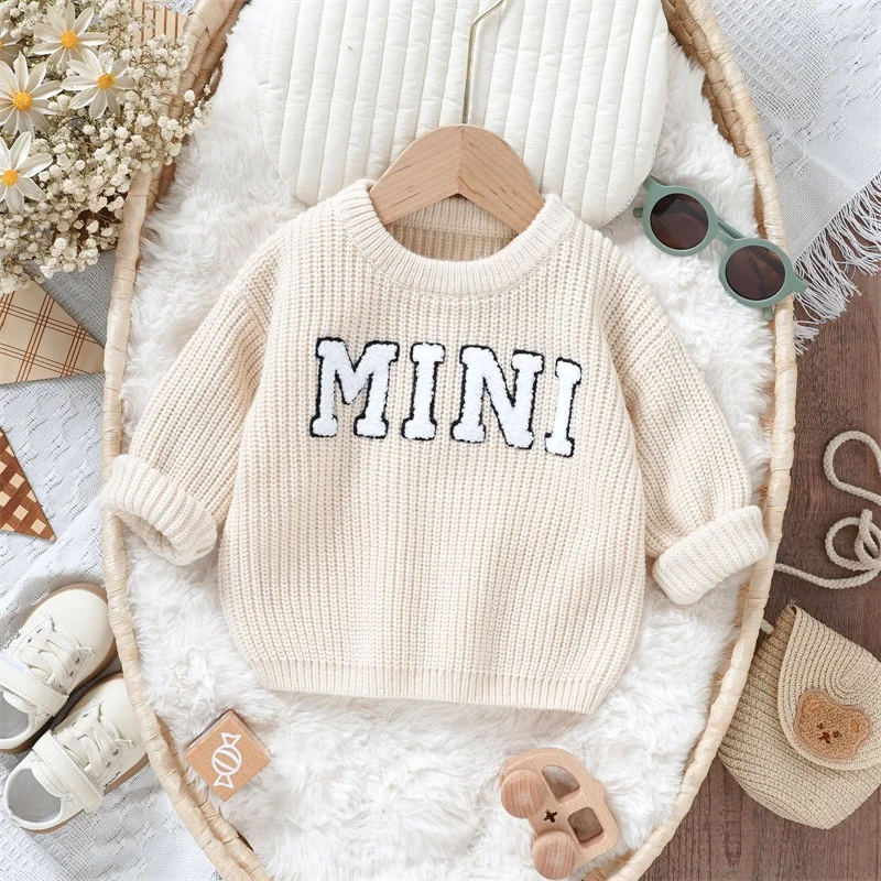 Suefunskry Baby Girl Boy Knitted Sweater Long Sleeve Round Neck Letter Embroidery Pullover Infant Fall Winter Warm Knitwear Tops