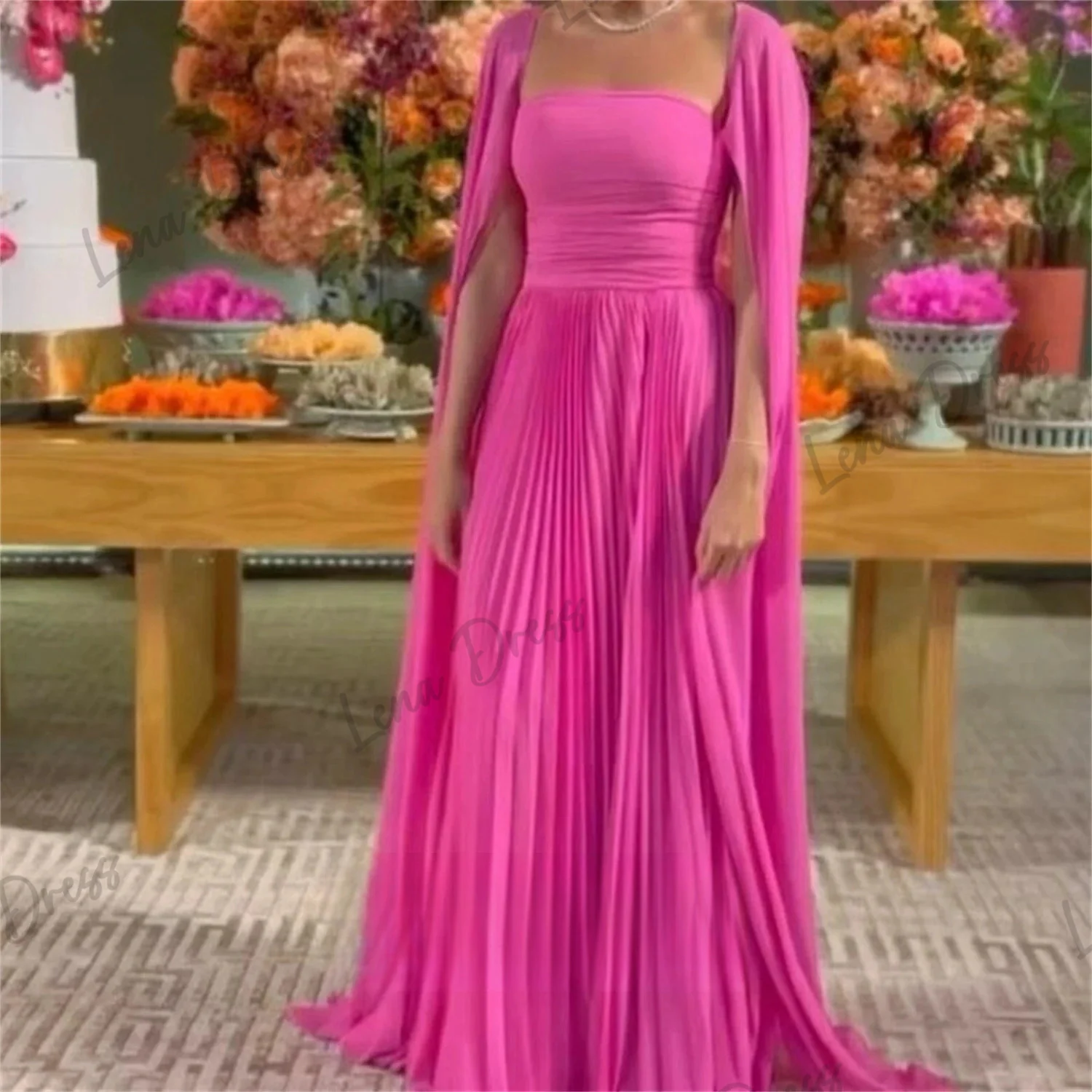 Lena-A Line Ball Dress Rose Red Bridesmaid Dress Chiffon Shawl International Evening Dress Formal Occasion Dress