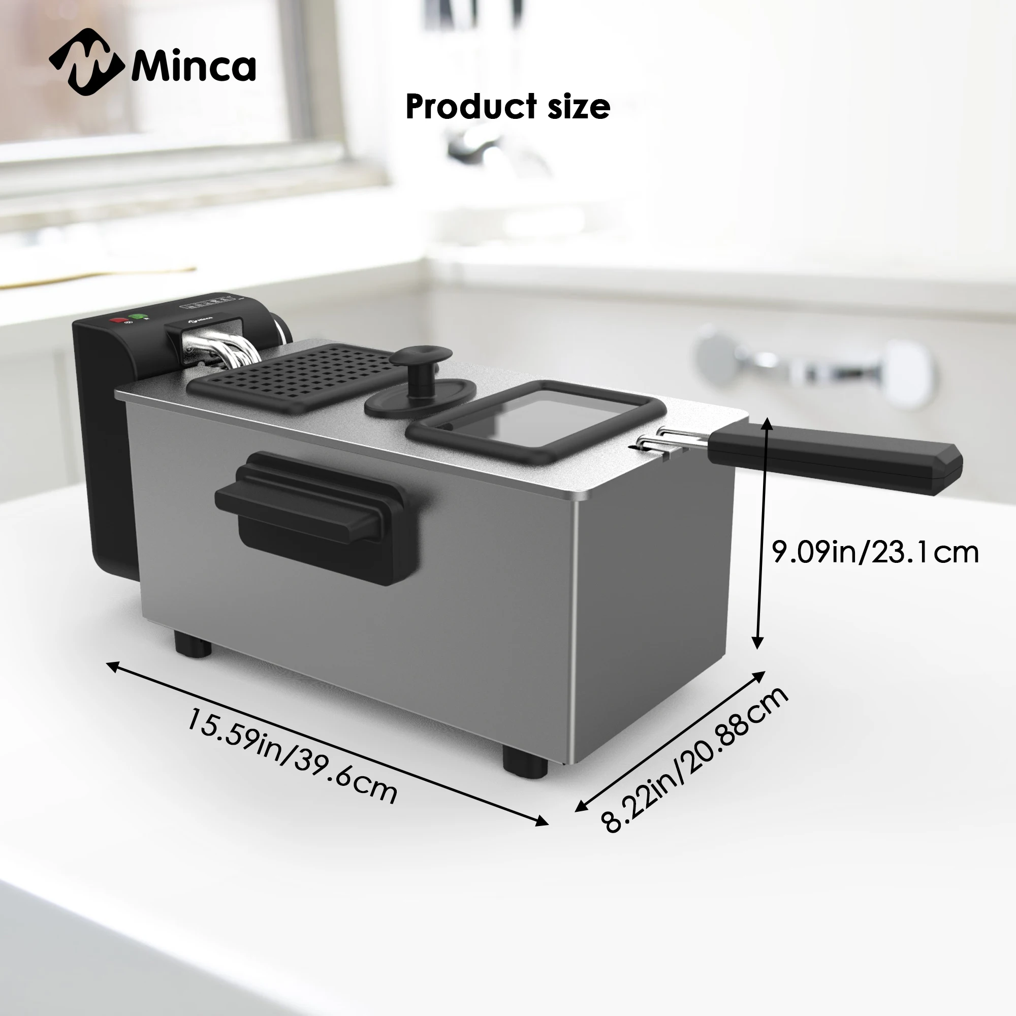Friggitrice elettrica M Minca da 3 litri con cestello per friggere con gancio - Pentola interna in acciaio inossidabile e smalto da 1500 W, controllo della temperatura regolabile