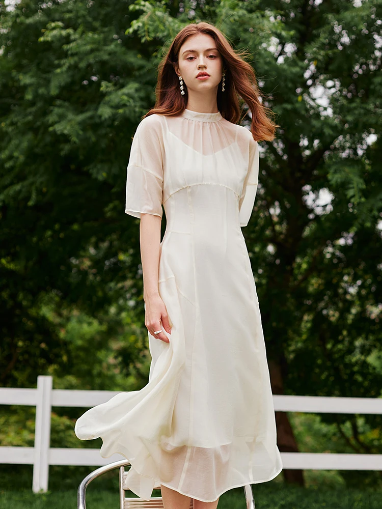 FSLE Women Long Dress Summer Temperament Two Piece Beige Dress Lyocell Short Sleeve Dress+Sleeveless Vest Dress Suit 24FS12929