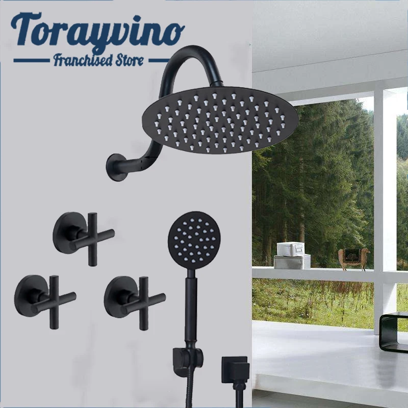 

Round Shower Head Waterfall Spout Shower Faucet Set 8 12 16 Inch Black rainfall shower column Faucets wall mounted mixer taps