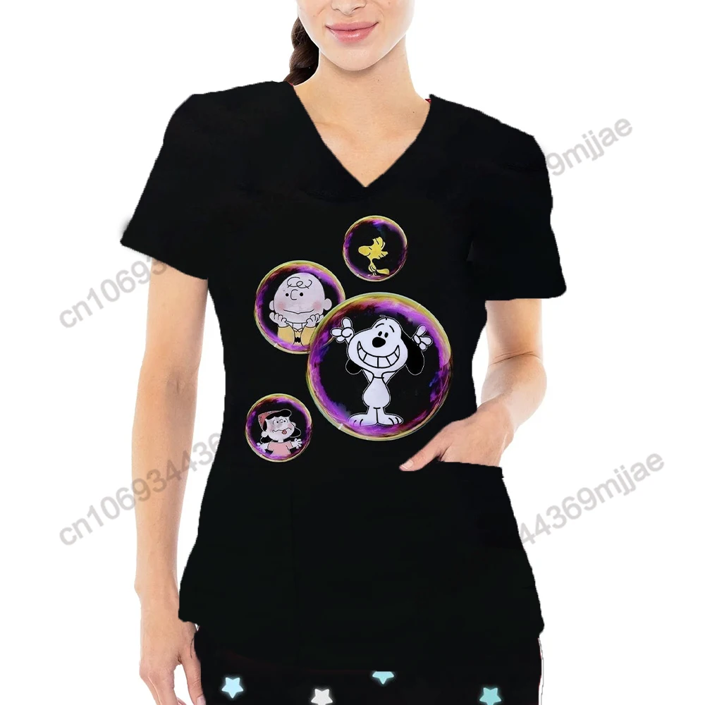 New Disney Cartoon Pattern Top Fashion V-neck Double Pocket Design Style T-shirt Casual and Comfortable Women's Nurse Dress