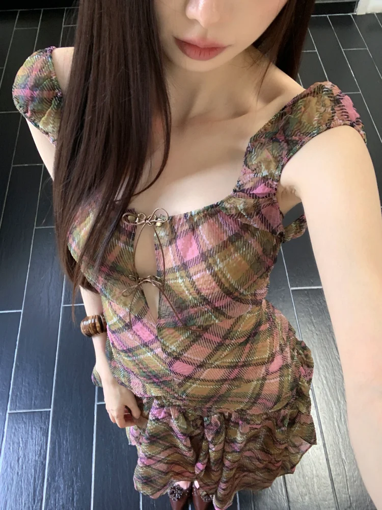 Summer Plaid Chiffon Chic Backless Sexy Sling Dress Women Elegant Bandage Casual Dress 2026 Korean Bodycon Luxury Evening Dress