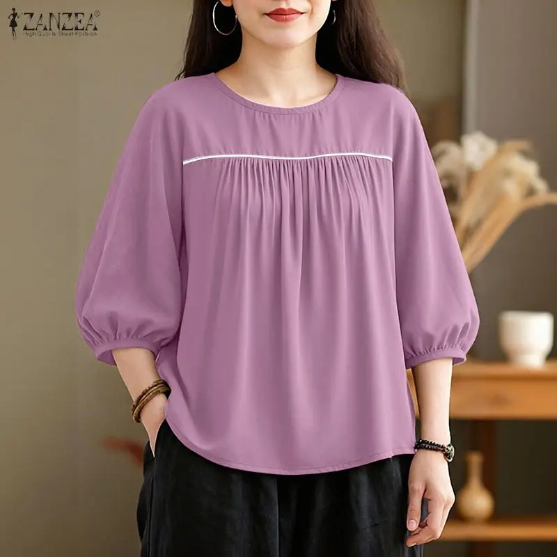 

Fashion Summer Half Sleeve Blouse ZANZEA Stylish Women Patchwork Work Tops Casual O Neck Pleated Shirt Mujer Female Blusas 2026