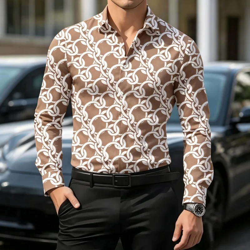 Men's Chain Print Long Sleeve Stand Collar Shirt Slim Fit Casual Button Up Blouse Luxury Streetwear Business Party Tops view 5