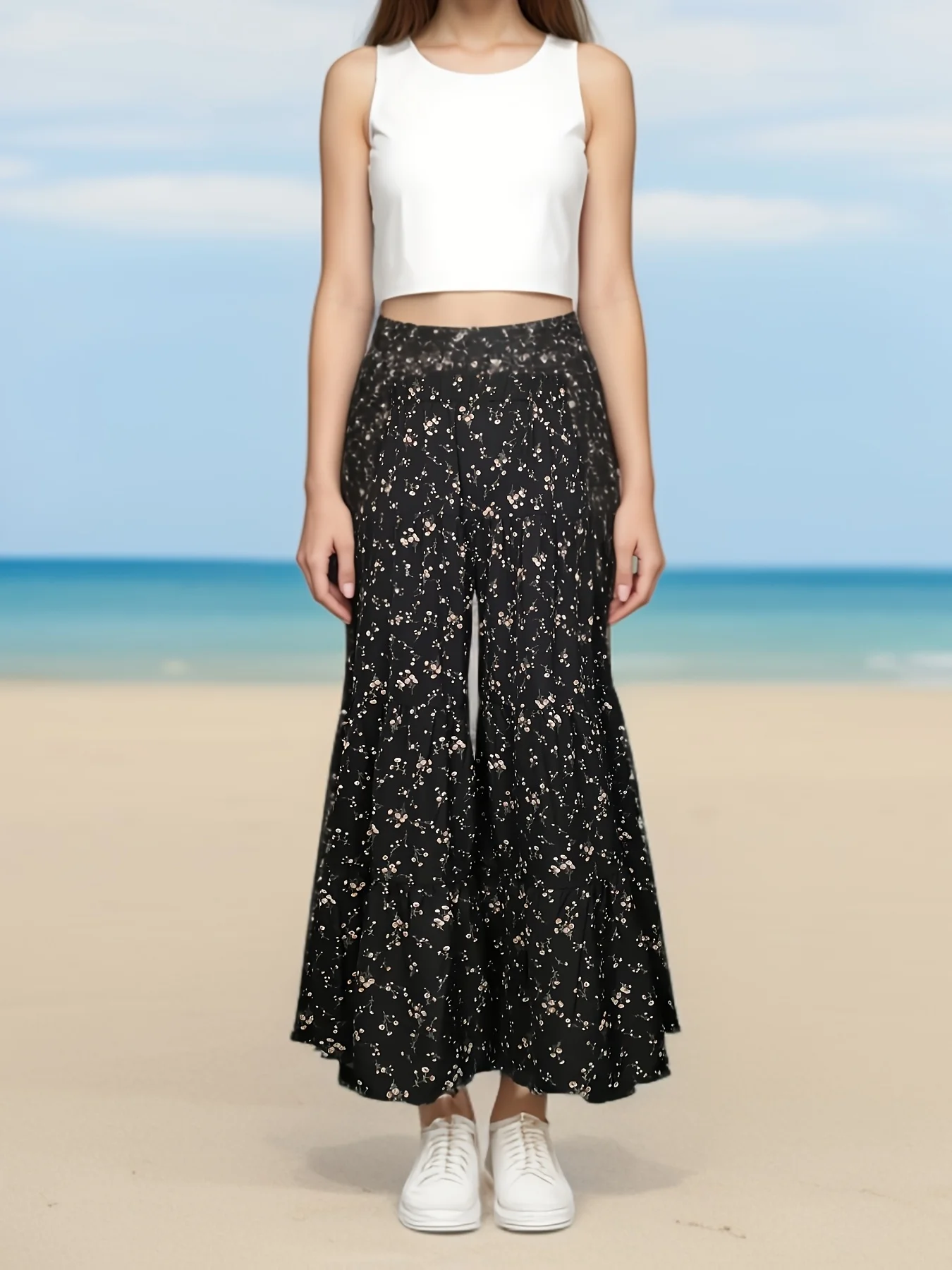 Women's Black Floral Wide-Leg Pants High-Waisted Flowy Loose Long Trousers for Summer Beach Vacation Casual Daily Wear