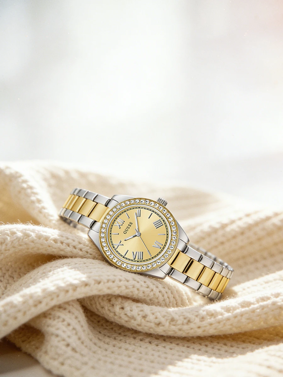 GUESS Women's Crystal Bezel Quartz Watch Two-Tone Stainless Steel Band Elegant Dress Watch for Office Party Daily Gift Giving