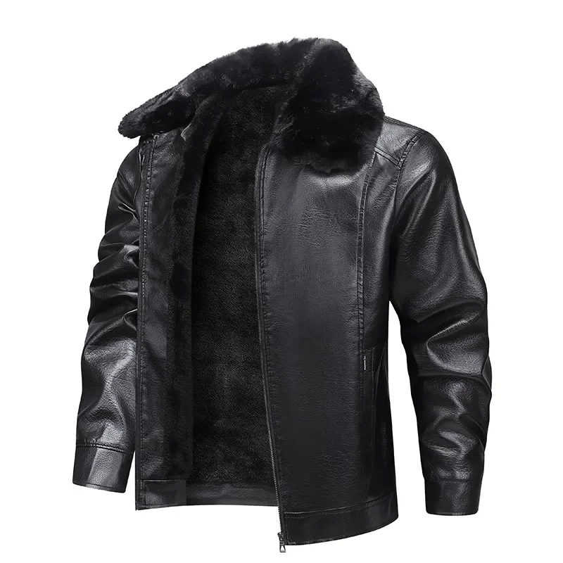 

Men Leather Jacket Thicken Fleece Lined Autumn Winter PU Leather Coat Fur Collar Business Motor Biker Lapel Formal Windbreaker