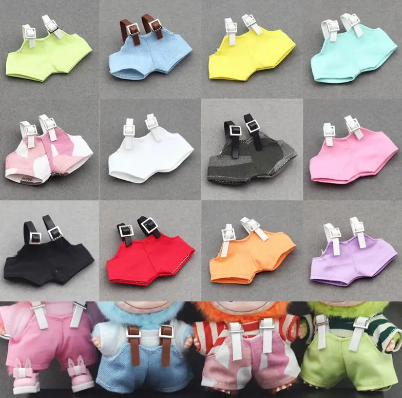 Para 10.5cm labubu 4.0 mini boneca brincalhão suspensórios calças com balde chapéu colorido conjunto de roupas boneca acessórios presente de natal