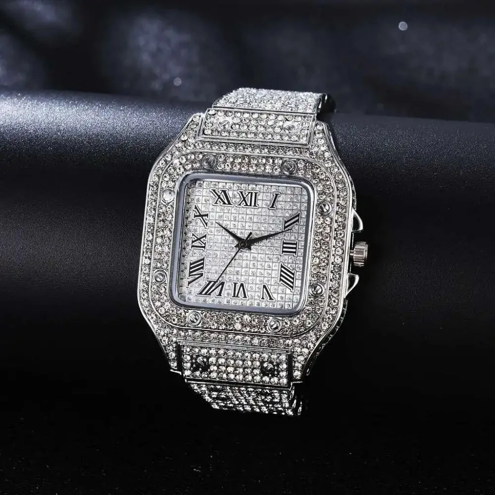 2pcs/set, Men\'s Large Dial Square Rhinestone Watch & Chain Bracelet