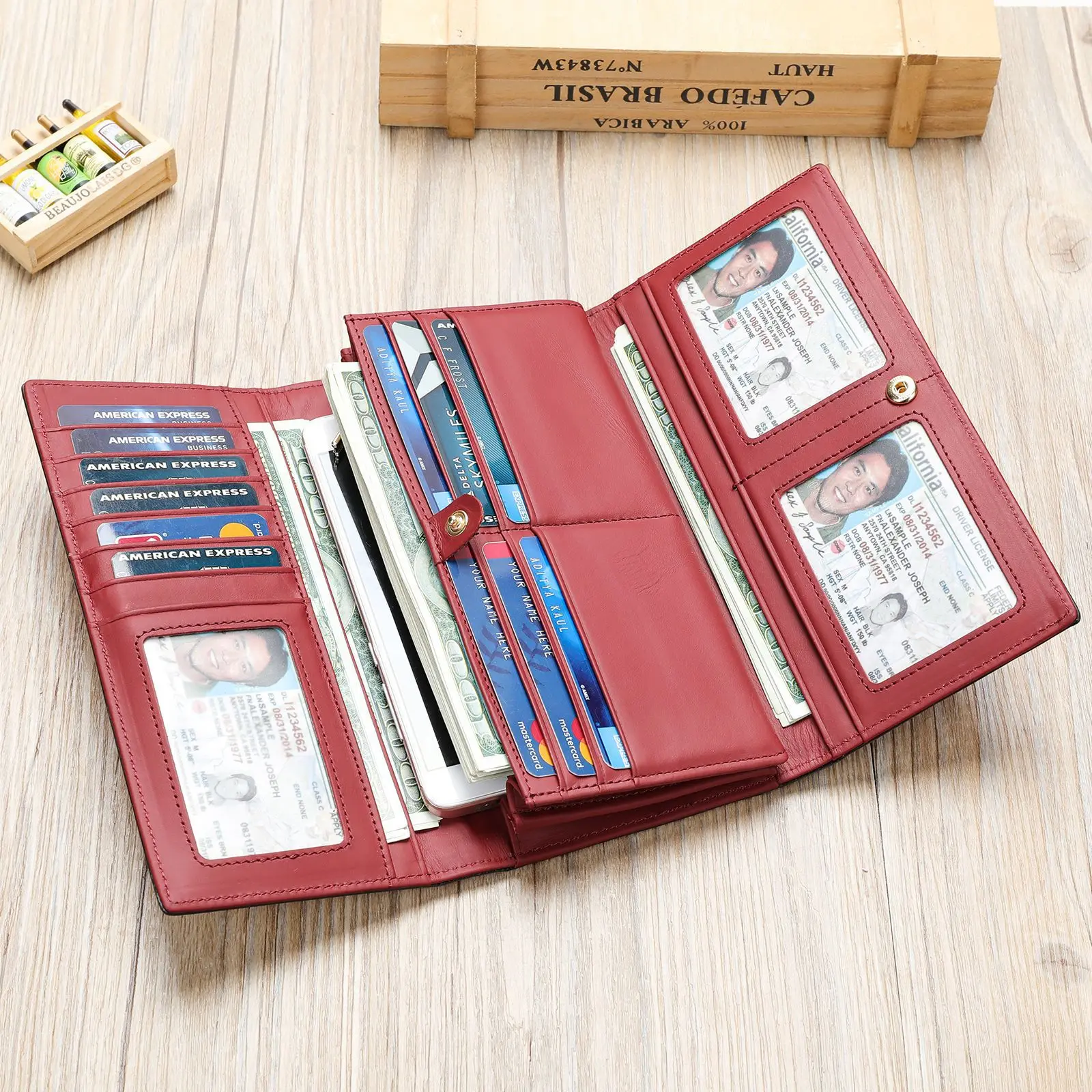 RFID Blocking Genuine Leather Women Wallet Vintage Medium Long Bifold Purse Coin Pouch
