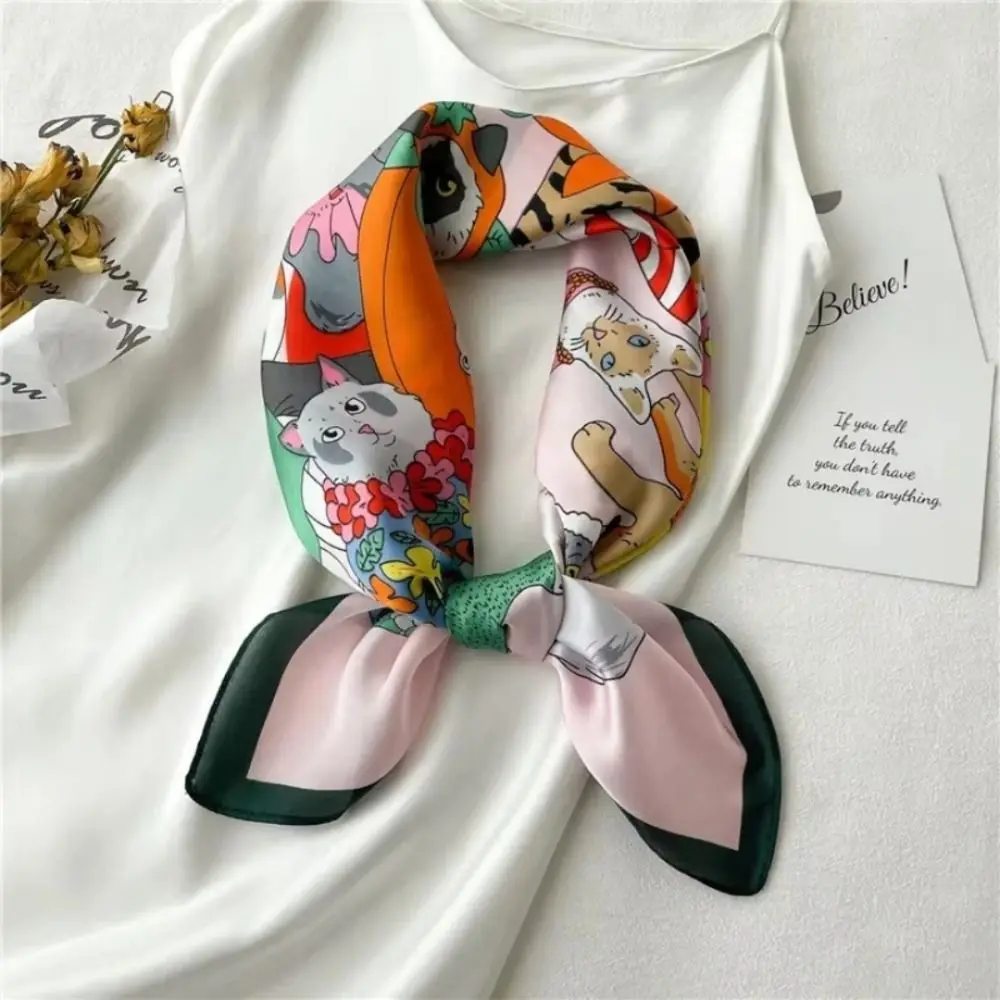 Retro Cartoon Cat Square Scarf Imitation Silk Multifunction Head Wrap Headband Headscarves Hair Ribbon Women Neckerchief