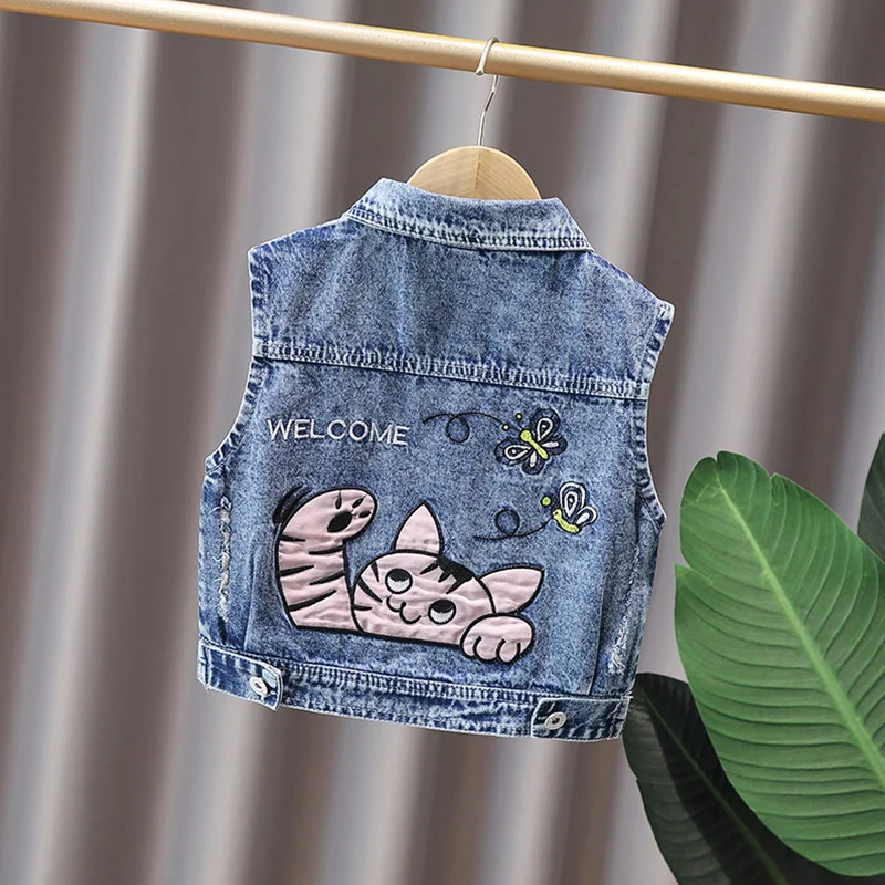 2024 Summer Boys Fashion Print Cat Letter Button Lapel Pocket Denim Vest Coat Children\'s Clothing 1-8y