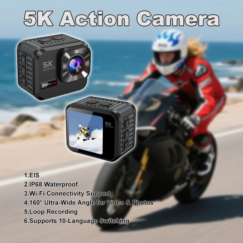 

Portable Action Camera 5K 160 Wide Angle IP68 Waterproof WiFi EIS Long Lasting Battery 64G Card for Bicycle Helmet Motorcycles​