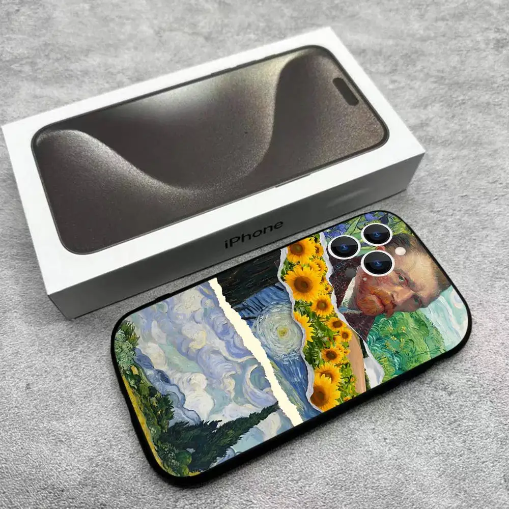 Capa de telefone Sunflower Art V-Van G-Gogh para iPhone 17,16,15,14,13,12, Pro, Max, Plus, E, SE4, Air, Mini caixa macia preta