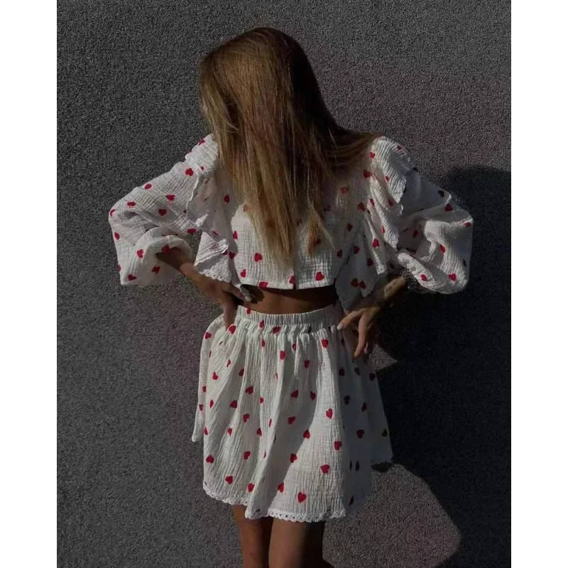 Women Cotton Linen Print Loose Suit Women Lantern Sleeve Ruffles V-neck Patchwork Single-Breasted Top High Waist Mini Skirt Suit