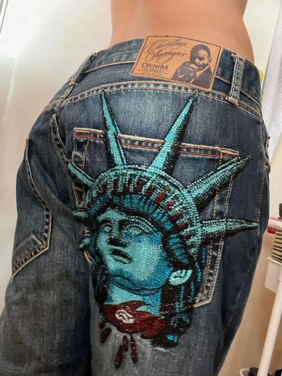 Y2k Vintage Statue of liberty Diamonds Jeans High Waist Straight Wide Leg Jeans Casual Denim Pants 2000s Loose Clothing