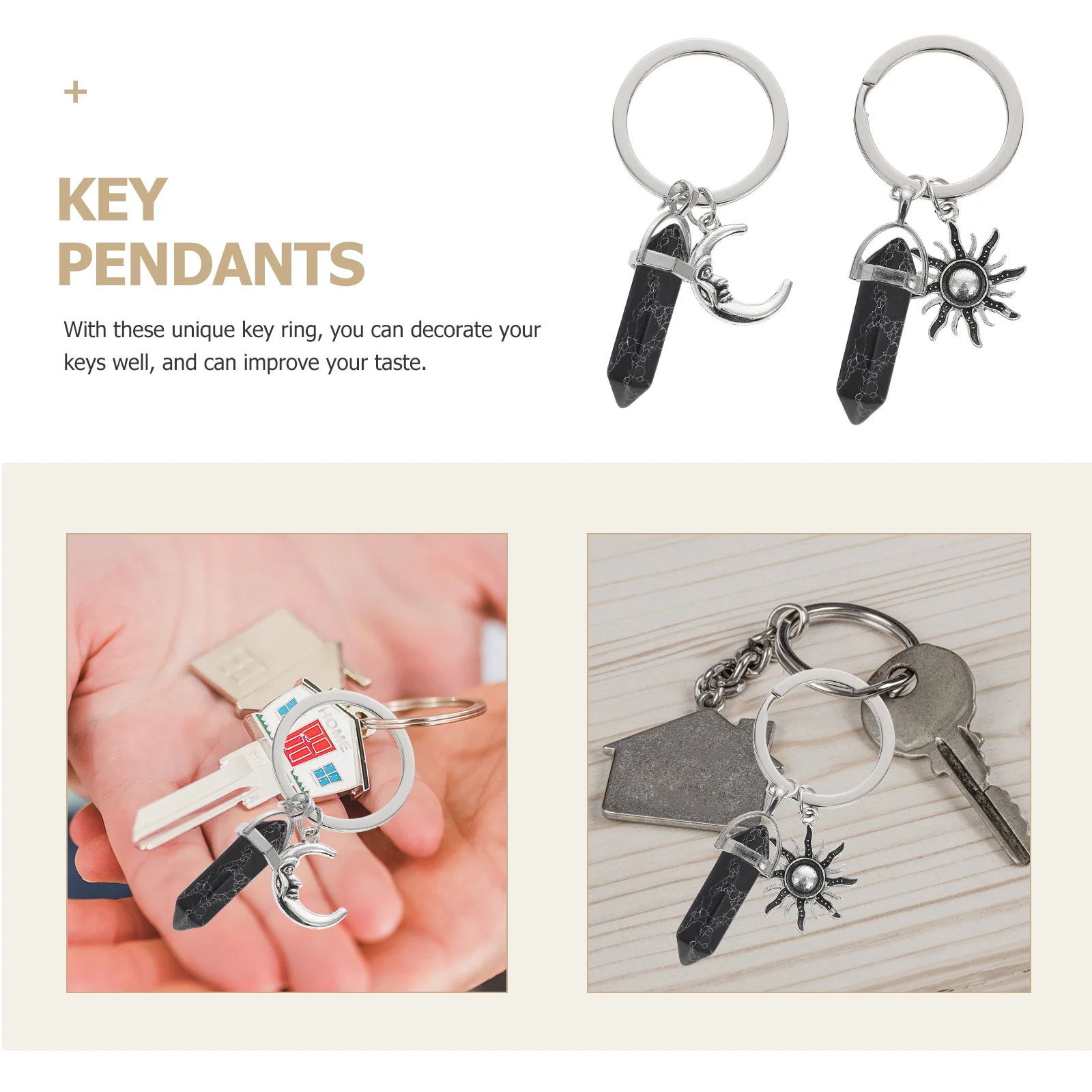 2 Pcs Locket Jewelry Pendant Alloy Keyring with Retro Metal Hexagonal Crystal Prism Key-chains Black Decorative Bag Lovers