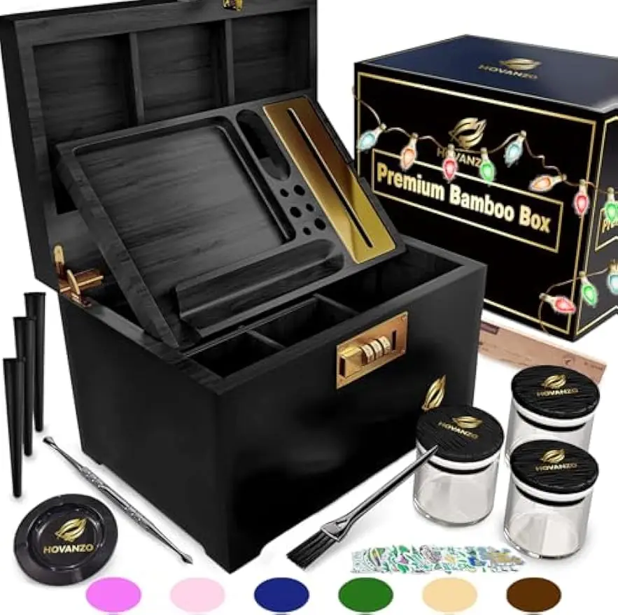 

Большой бамбуковый ящик для хранения с замком, съемным подносом и защитой от запаха — идеально подходит для трав и аксессуаров