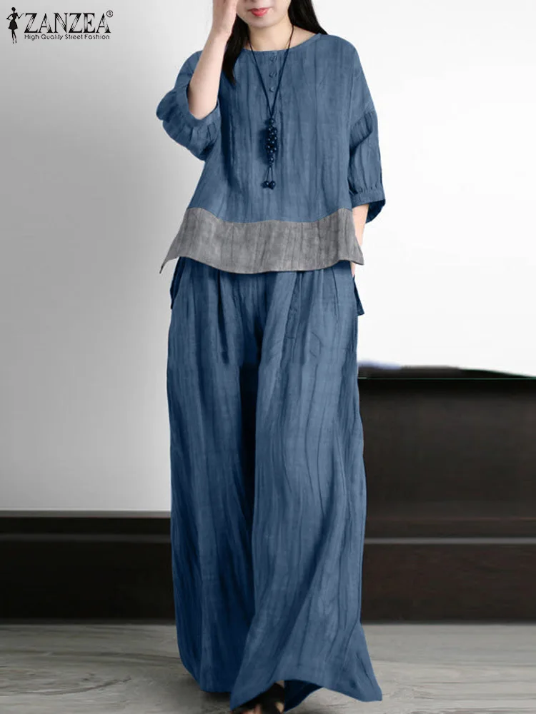 ZANZEA kobieta patchworkowy w stylu Casual garnitur letnie modne pasujące zestawy z 3/4 rękawami bluzka z okrągłym dekoltem luźne spodnie 2 sztuki eleganckie outfits