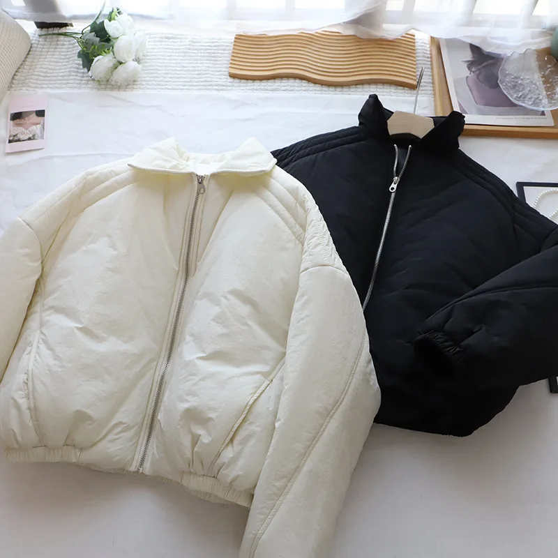 Fashion Turn Down Collar Short Cotton Coat Women's New Solid Color Long Sleeve Thickened Jackets Loose Versatile Warm Outerwear