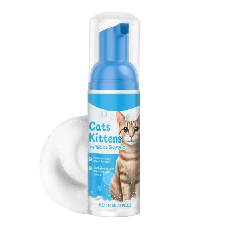Katzenshampoo, wasserloses Katzenshampoo, leckt sicheres Trockenshampoo, 60 ml, sanftes Schaumshampoo für Katzen, Tiefenreinigung, lindert juckende Haut