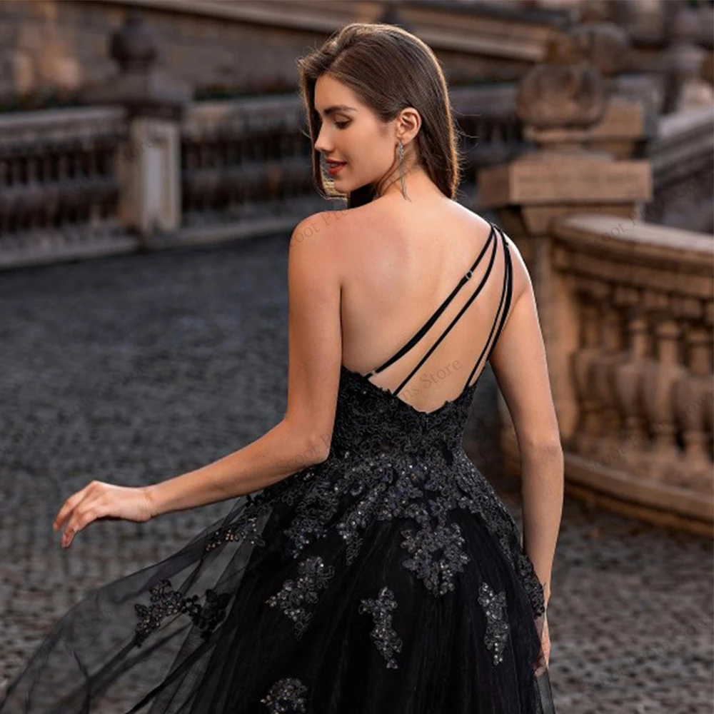Black One Sleeve Evening Dresses for Women 2025 Customized Sleeveless Prom Gowns with Applique New Soft Tulle Robe De Soirée