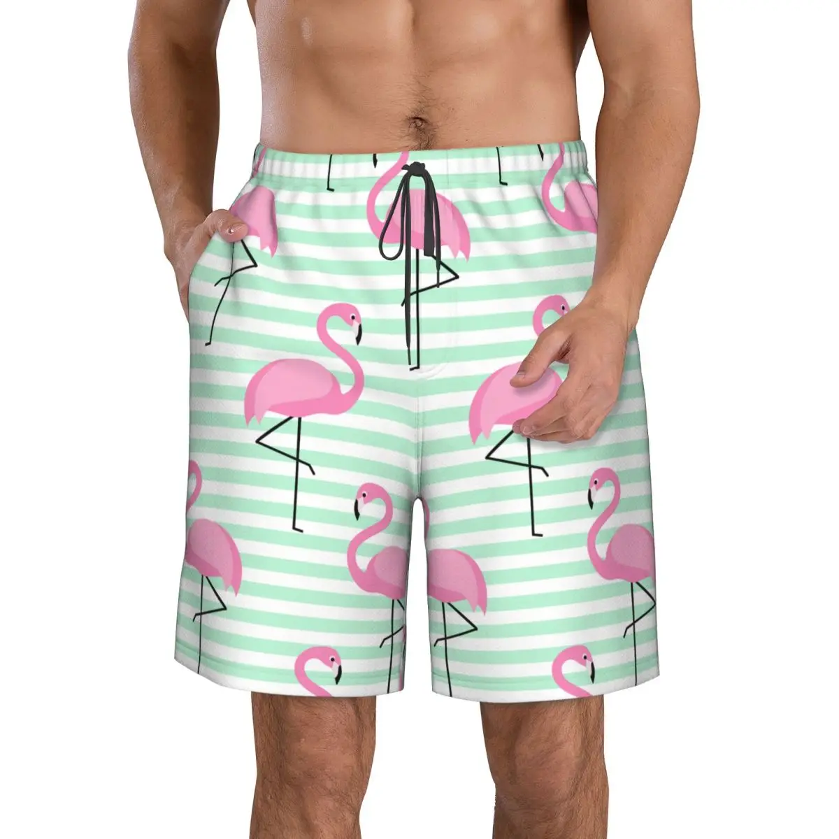 Flamingo Pattern On Stripped Beach Board Shorts Swimming Swimsuits Surfing Shorts Swimwear Shorts