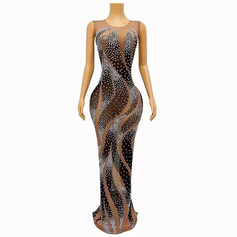 

Performance Clothes Rhinestone Perspective Tulle Stretch Slim Dress Club Evening Dresses Luxury Party Vestidos De Ocasião Formal