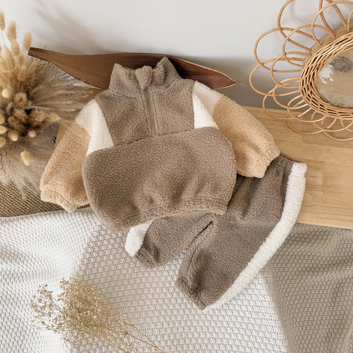 Fashion Toddler Baby Boys Girl Winter Clothes Sets Kids Lamb Velvet Zipper Pullover Pants 2Pcs Suits