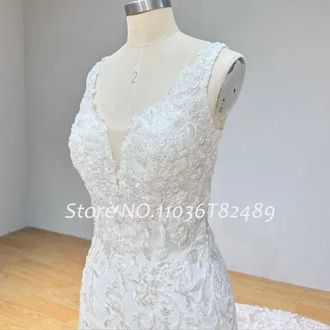 Hyr Lnyer Axelband V-ringning Rygglös Glänsande Pärlor Paljetter Spets Elegant Sjöjungfru Bröllopsklänning Riktiga Bilder Video 10 best sales Arabisk förlovningsklänning - №10