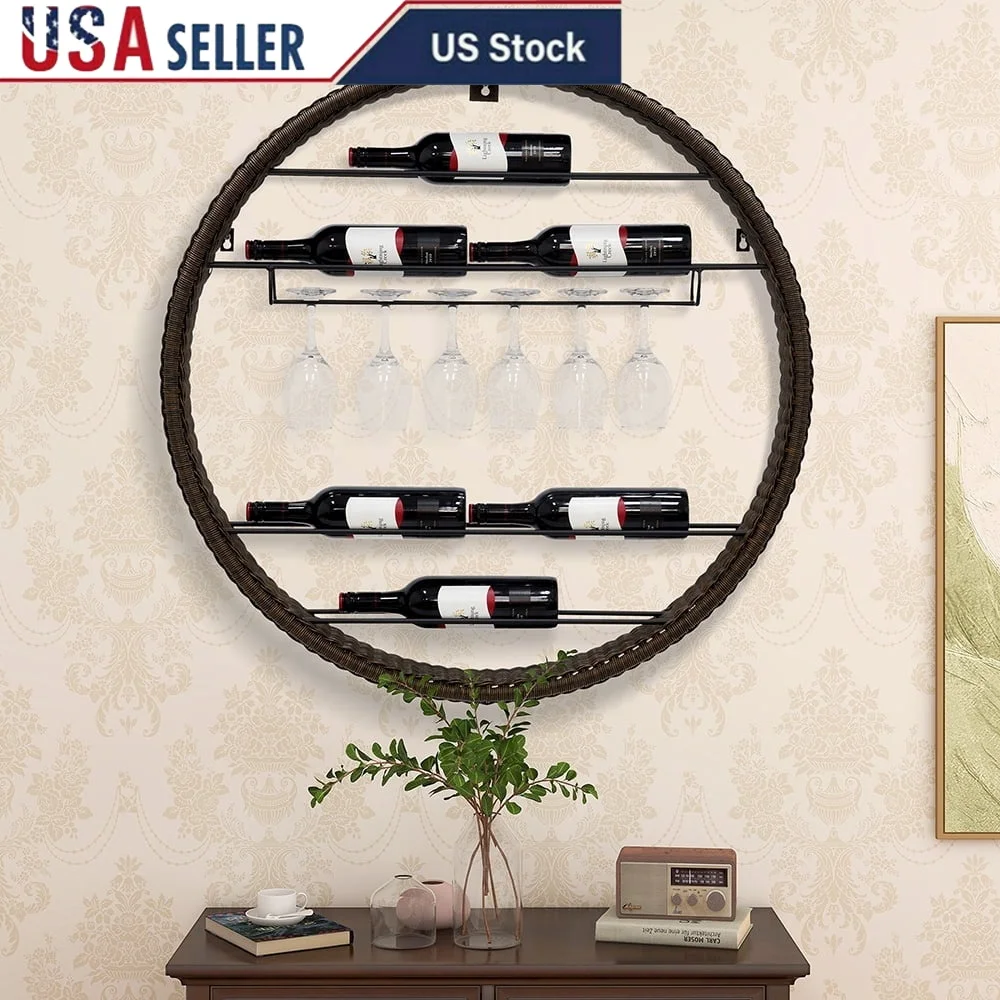 

Wall Mounted Wine Rack 6 Bottles and 6 Glasses Durable Steel Frame with PE Wicker Perfect Mini Bar Dining Room Decor