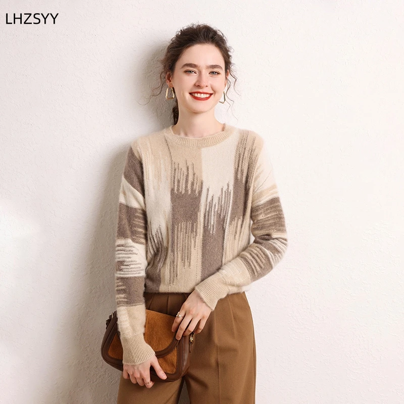 LHZSYY Ladies 100% Merino Wool Pullovers Winter O-Neck Color Sweater Loose Large size Thick Tops Fashion New Knit Cashmere Shirt