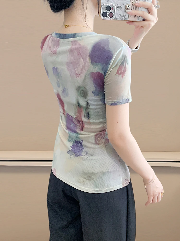 Chic f Sve T-irt Women's Summer Faion Design Sense Dyed Me Top round Ne Print ort Sve Commute Sle Korean...